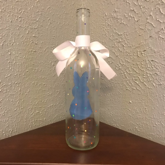 Blue Glitter Bunny Hand Painted Wine Bottle - Picture 5 of 8